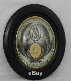 Large Antique French Mourning Hair Art Memento Convex Glass Framed Reliquary1890