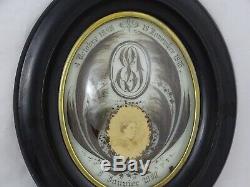 Large Antique French Mourning Hair Art Memento Convex Glass Framed Reliquary1890