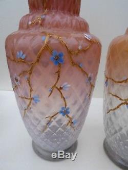 Large Antique Thomas Webb Pair Lovely Vases Art Glass Gilded Flowers Art Nouveau