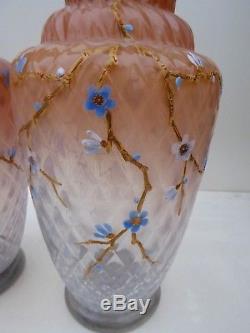 Large Antique Thomas Webb Pair Lovely Vases Art Glass Gilded Flowers Art Nouveau