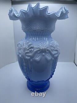 Large Blue and White Victorian Revival Vase Ornate Cased Ruffled w Bows Vintage