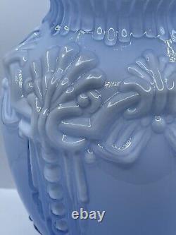 Large Blue and White Victorian Revival Vase Ornate Cased Ruffled w Bows Vintage