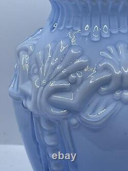 Large Blue and White Victorian Revival Vase Ornate Cased Ruffled w Bows Vintage