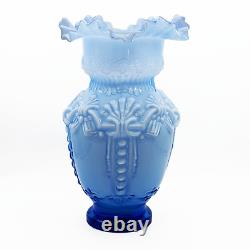 Large Blue and White Victorian Revival Vase Ornate Cased Ruffled w Bows Vintage