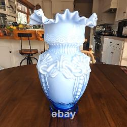 Large Blue and White Victorian Revival Vase Ornate Cased Ruffled w Bows Vintage