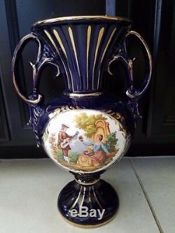 Large Cobalt Blue & Gold 15 1/4 Vase 2 Handles Victorian Scene Fragonard Italy