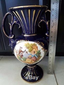 Large Cobalt Blue & Gold 15 1/4 Vase 2 Handles Victorian Scene Fragonard Italy