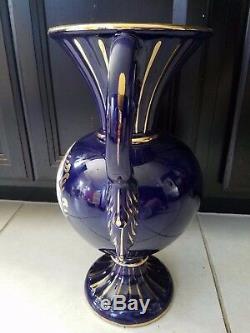 Large Cobalt Blue & Gold 15 1/4 Vase 2 Handles Victorian Scene Fragonard Italy