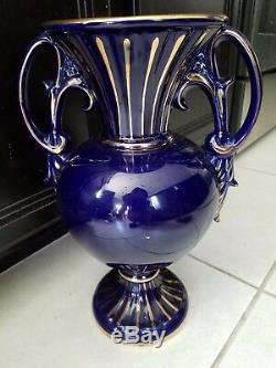 Large Cobalt Blue & Gold 15 1/4 Vase 2 Handles Victorian Scene Fragonard Italy