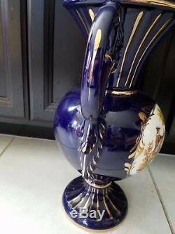Large Cobalt Blue & Gold 15 1/4 Vase 2 Handles Victorian Scene Fragonard Italy