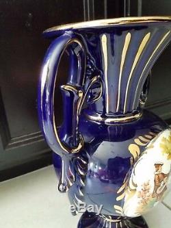 Large Cobalt Blue & Gold 15 1/4 Vase 2 Handles Victorian Scene Fragonard Italy