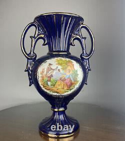 Large Cobalt Blue & Gold Vase FRAGONARD Vase VICTORIAN SCENE 15-1/4