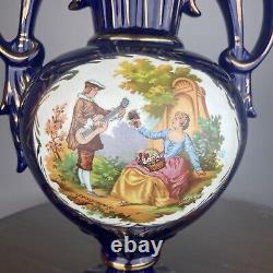 Large Cobalt Blue & Gold Vase FRAGONARD Vase VICTORIAN SCENE 15-1/4