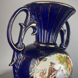 Large Cobalt Blue & Gold Vase FRAGONARD Vase VICTORIAN SCENE 15-1/4