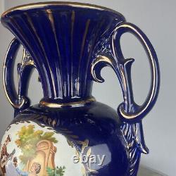 Large Cobalt Blue & Gold Vase FRAGONARD Vase VICTORIAN SCENE 15-1/4