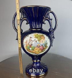 Large Cobalt Blue & Gold Vase FRAGONARD Vase VICTORIAN SCENE 15-1/4