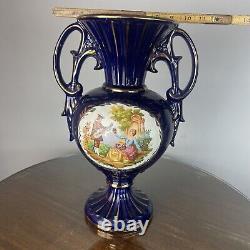 Large Cobalt Blue & Gold Vase FRAGONARD Vase VICTORIAN SCENE 15-1/4