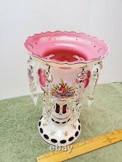 Large Moser Czech Bohemian White To Cranberry 16 Prism Mantle Lustre