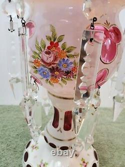 Large Moser Czech Bohemian White To Cranberry 16 Prism Mantle Lustre