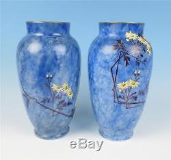 Large Pair Antique Opaline Glass Vase HP Birds Moon Victorian French or Bohemian