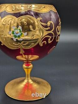 Large Red Glass Hand Painted Gold Gilded Goblet Empoli Made In Italy Ardalt RARE