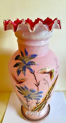 Large Thomas Webb Peach Blow Satin Glass Coralene Diamond Quilt Vase. Circa 1880