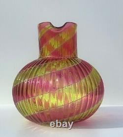 Large Victorian Art Glass Cranberry, Yellow and White Swirl Pitcher