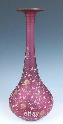 Large Victorian Enameled Satin Ruby Glass Vase Antique Frosted Cranberry Gold