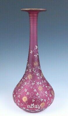 Large Victorian Enameled Satin Ruby Glass Vase Antique Frosted Cranberry Gold