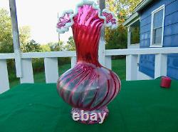 Large Vintage Snow Crested Cranberry Swirl Vase 11 Tall