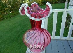 Large Vintage Snow Crested Cranberry Swirl Vase 11 Tall