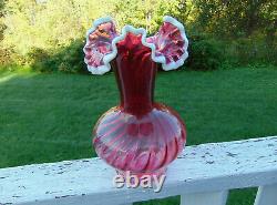 Large Vintage Snow Crested Cranberry Swirl Vase 11 Tall