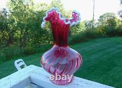 Large Vintage Snow Crested Cranberry Swirl Vase 11 Tall