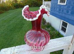 Large Vintage Snow Crested Cranberry Swirl Vase 11 Tall