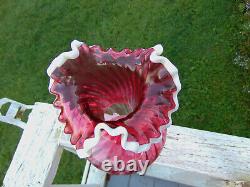 Large Vintage Snow Crested Cranberry Swirl Vase 11 Tall