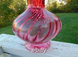 Large Vintage Snow Crested Cranberry Swirl Vase 11 Tall