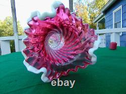 Large Vintage Snow Crested Cranberry Swirl Vase 11 Tall