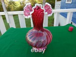 Large Vintage Snow Crested Cranberry Swirl Vase 11 Tall