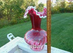 Large Vintage Snow Crested Cranberry Swirl Vase 11 Tall