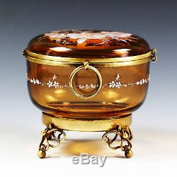 Large antique Victorian enamelled Amber art glass trinket jewelry Box hinged lid