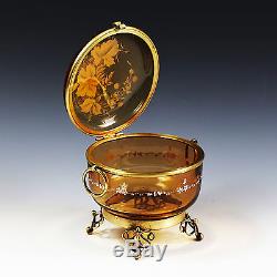 Large antique Victorian enamelled Amber art glass trinket jewelry Box hinged lid