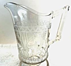 Late 1800 Victorian Art Crafts Nouveau Draped Parrot Bamboo Glass Pitcher 9 HTF Late 1800 Victorian Art Crafts Nouveau Draped Parrot Bamboo Glass Pitcher 9 HTF