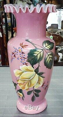 Late 19th Century Victorian Bristol Pink Opaline Glass Crimped Edge Floral Vase