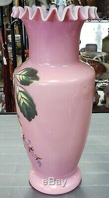 Late 19th Century Victorian Bristol Pink Opaline Glass Crimped Edge Floral Vase