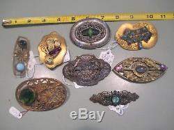Late Victorian Art Nouveau brass brooches kilt pins glass amethyst paste lot of8