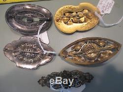 Late Victorian Art Nouveau brass brooches kilt pins glass amethyst paste lot of8