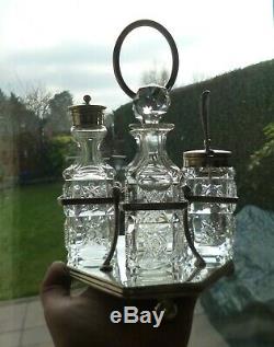 Late Victorian Cruet Set-Silver Plated Art Nouveau Stand and 4 Cut Glass Bottles
