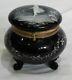 Late Victorian Mary Gregory Hand-painted Black Art Glass Footed Box 4 High