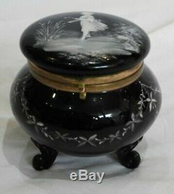 Late Victorian Mary Gregory Hand-Painted Black Art Glass Footed Box 4 High