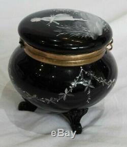 Late Victorian Mary Gregory Hand-Painted Black Art Glass Footed Box 4 High